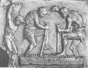 Satiri che pigiano l’uva. Particolare. Bassorilievo, II sec.d.C. Museo Archeologico, Venezia.
